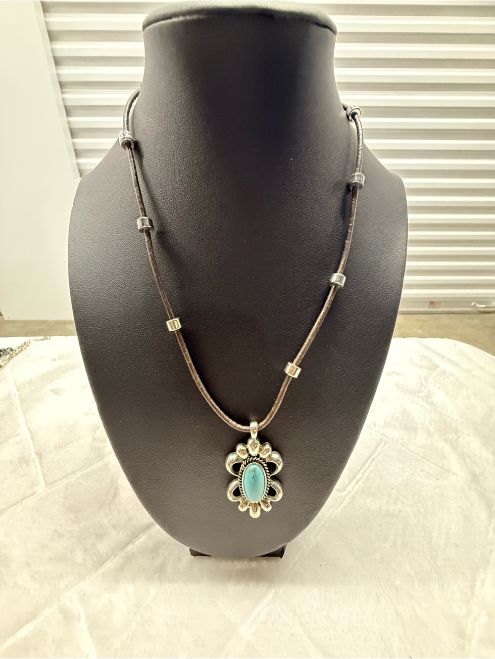 Chaps Brown Cord Necklace with Turquoise Pendant